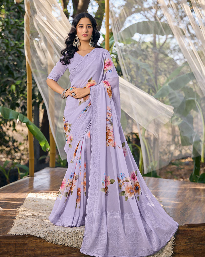 Vishal Prints Pastel Purple Designer Digital Print Georgette Saree With Embroidery Work