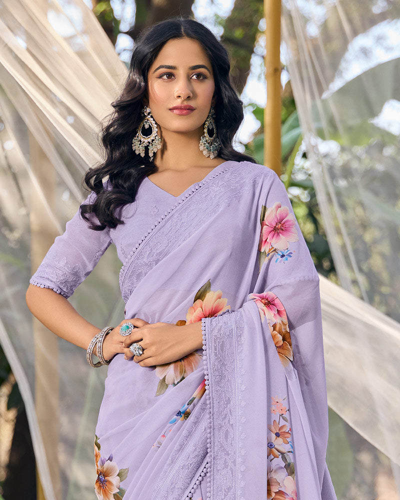 Vishal Prints Pastel Purple Designer Digital Print Georgette Saree With Embroidery Work
