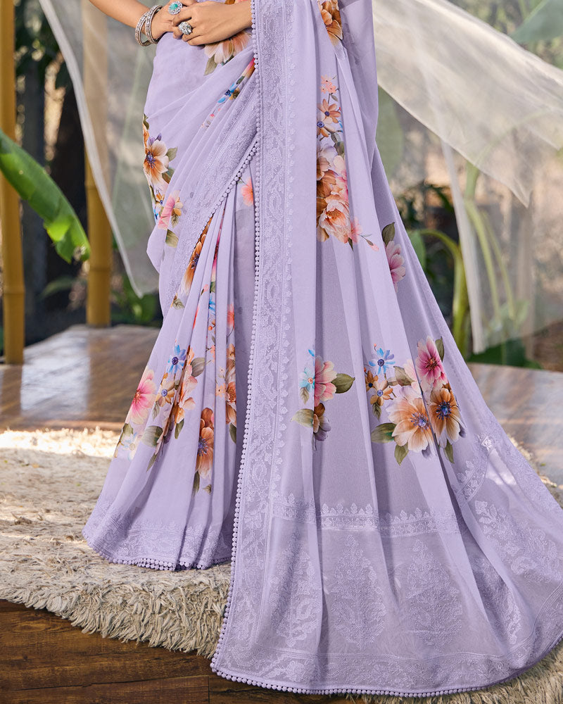 Vishal Prints Pastel Purple Designer Digital Print Georgette Saree With Embroidery Work