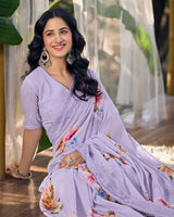 Vishal Prints Pastel Purple Designer Digital Print Georgette Saree With Embroidery Work