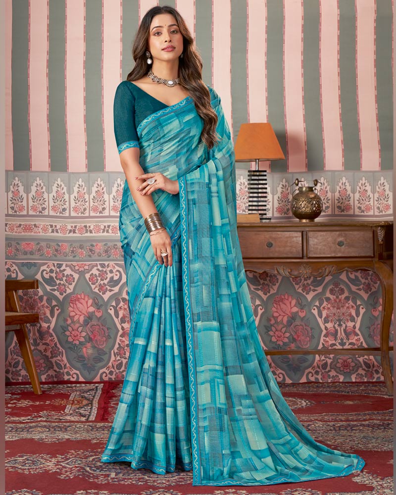 Vishal Prints Ocean Blue Printed Patterned Brasso Digital Print Saree With Fancy Border