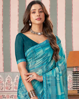 Vishal Prints Ocean Blue Printed Patterned Brasso Digital Print Saree With Fancy Border