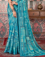 Vishal Prints Ocean Blue Printed Patterned Brasso Digital Print Saree With Fancy Border