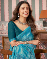 Vishal Prints Ocean Blue Printed Patterned Brasso Digital Print Saree With Fancy Border