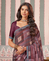 Vishal Prints Wine And Grey Printed Patterned Brasso Digital Print Saree With Fancy Border