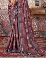 Vishal Prints Wine And Grey Printed Patterned Brasso Digital Print Saree With Fancy Border