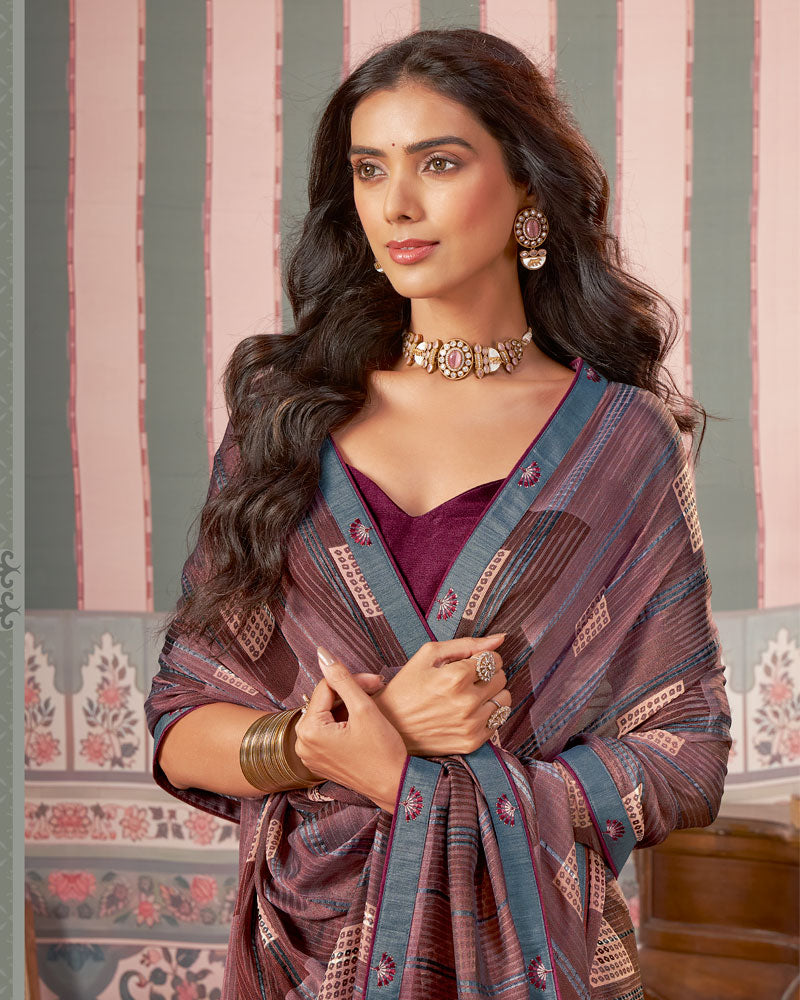 Vishal Prints Wine And Grey Printed Patterned Brasso Digital Print Saree With Fancy Border