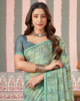 Vishal Prints Mint Green Printed Patterned Brasso Digital Print Saree With Fancy Border