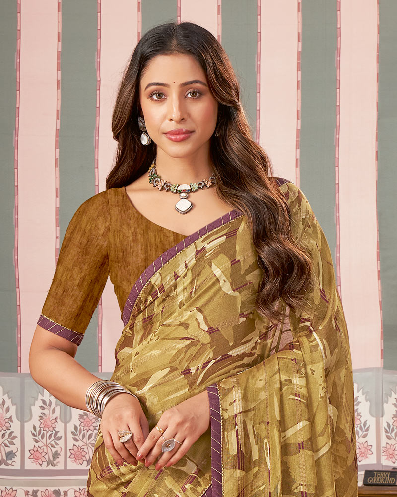 Vishal Prints Olive Gold Printed Patterned Brasso Digital Print Saree With Fancy Border
