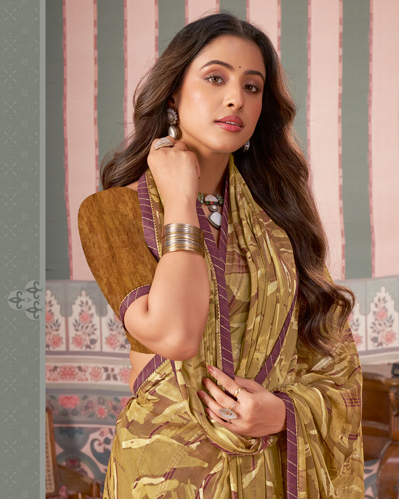 Vishal Prints Olive Gold Printed Patterned Brasso Digital Print Saree With Fancy Border