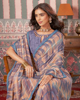 Vishal Prints Dusty Blue And Tan Printed Patterned Brasso Digital Print Saree With Fancy Border
