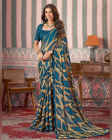 Vishal Prints Peacock Teal Printed Patterned Brasso Digital Print Saree With Fancy Border