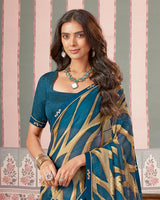 Vishal Prints Peacock Teal Printed Patterned Brasso Digital Print Saree With Fancy Border