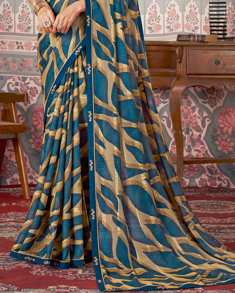 Vishal Prints Peacock Teal Printed Patterned Brasso Digital Print Saree With Fancy Border