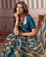 Vishal Prints Peacock Teal Printed Patterned Brasso Digital Print Saree With Fancy Border
