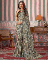 Vishal Prints Sage And Charcoal Printed Patterned Brasso Digital Print Saree With Fancy Border