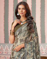 Vishal Prints Sage And Charcoal Printed Patterned Brasso Digital Print Saree With Fancy Border