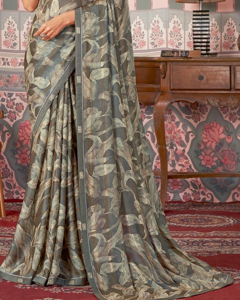 Vishal Prints Sage And Charcoal Printed Patterned Brasso Digital Print Saree With Fancy Border