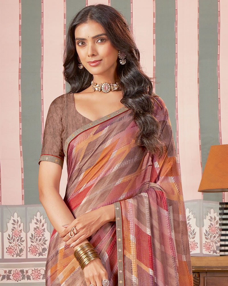 Vishal Prints Copper And Mauve Printed Patterned Brasso Digital Print Saree With Fancy Border