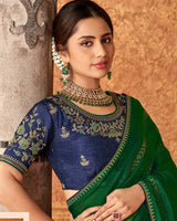 Vishal Prints Dark Green Designer Chiffon Saree With Diamond Work And Fancy Piping