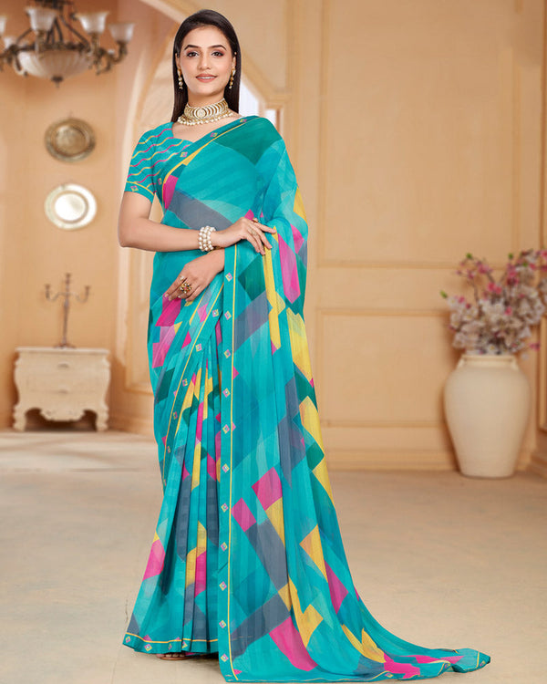 Vishal Prints Aqua Blue Patterned Chiffon Digital Print Saree With Fancy Border