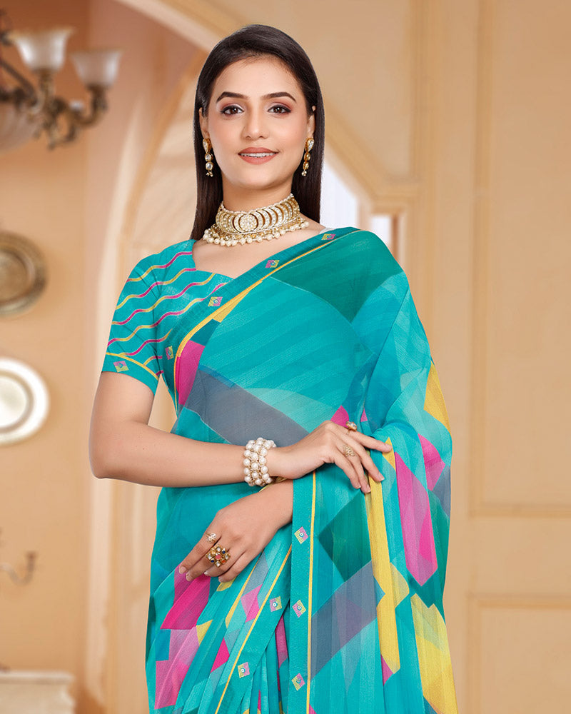 Vishal Prints Aqua Blue Patterned Chiffon Digital Print Saree With Fancy Border