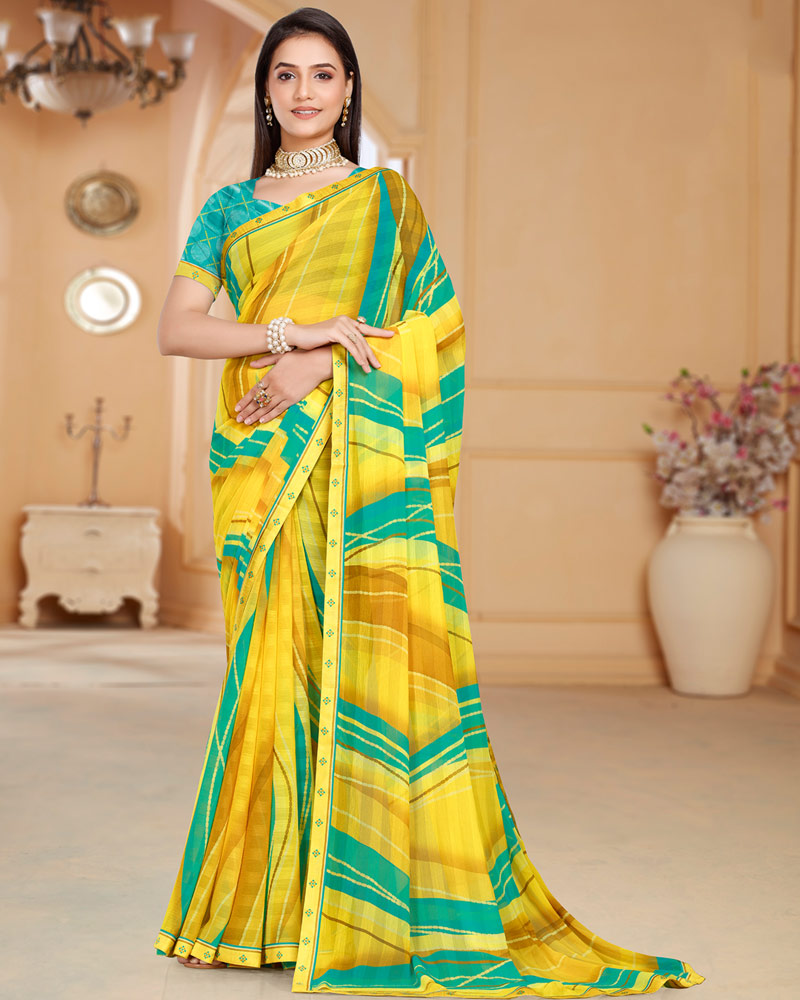 Vishal Prints Bright Yellow Patterned Chiffon Digital Print Saree With Fancy Border