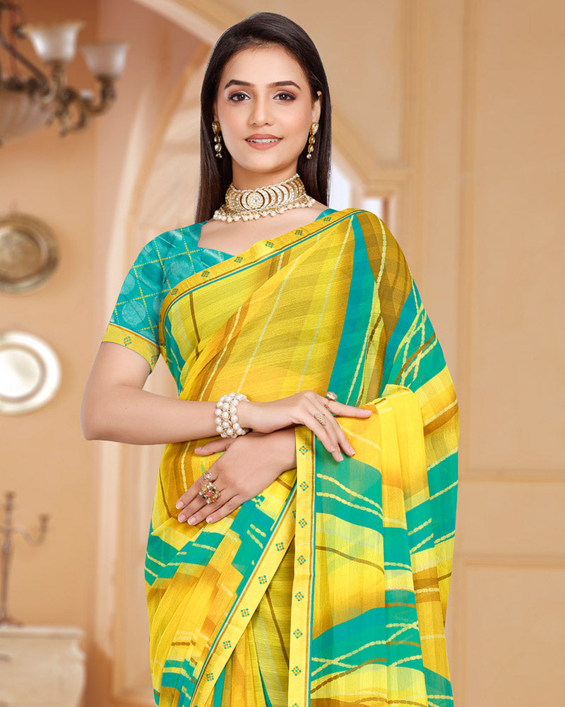 Vishal Prints Bright Yellow Patterned Chiffon Digital Print Saree With Fancy Border