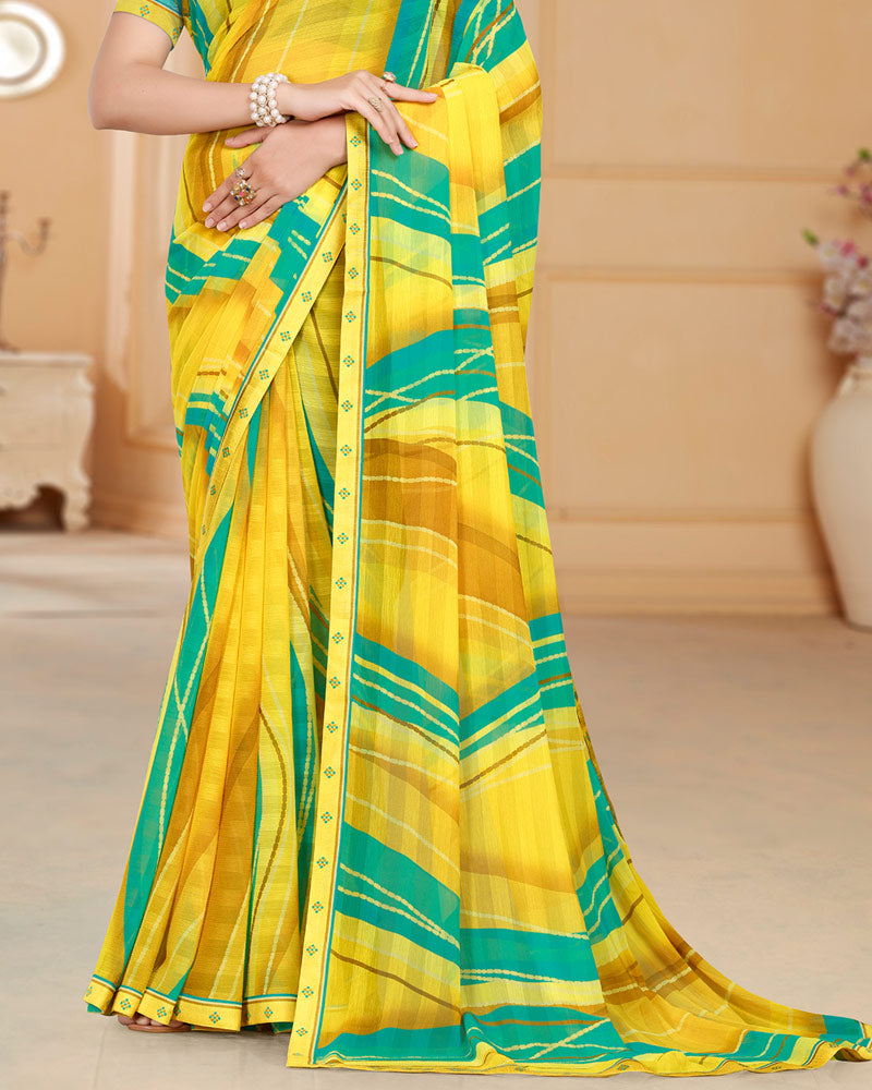 Vishal Prints Bright Yellow Patterned Chiffon Digital Print Saree With Fancy Border
