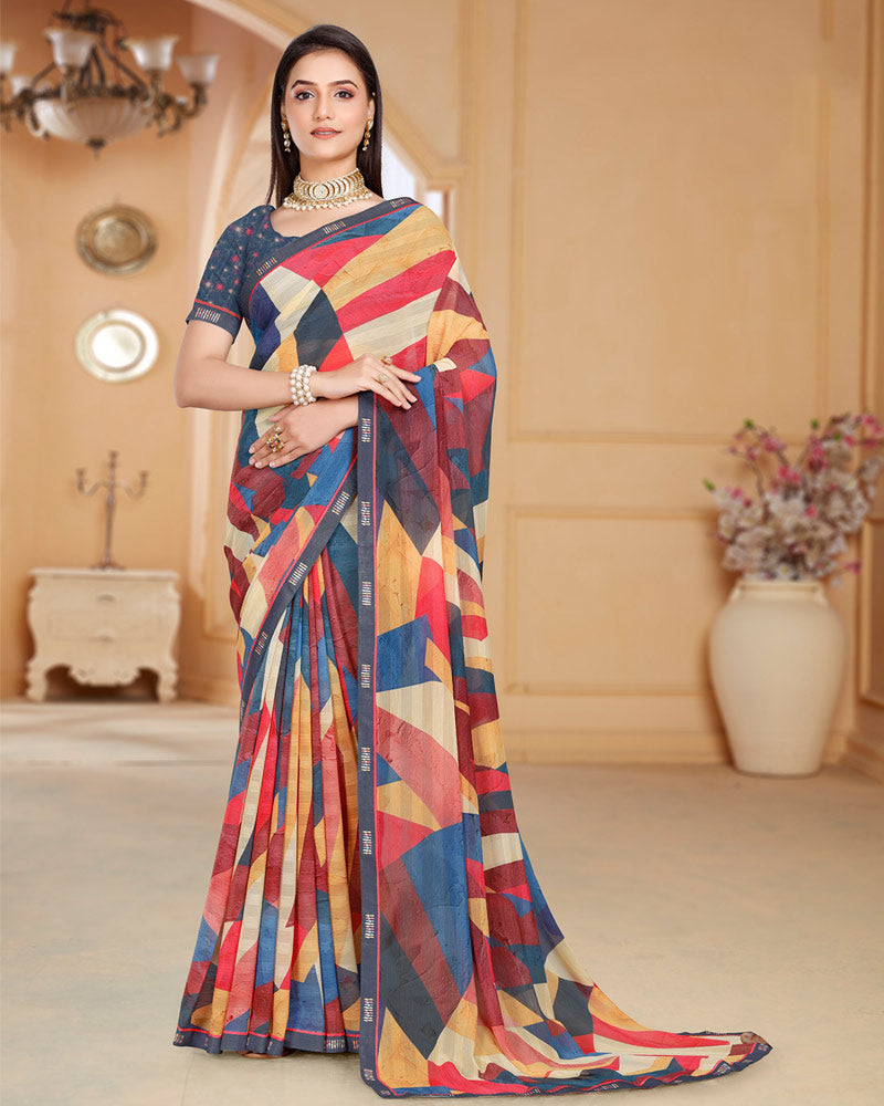 Vishal Prints Multicolor Patterned Chiffon Digital Print Saree With Fancy Border