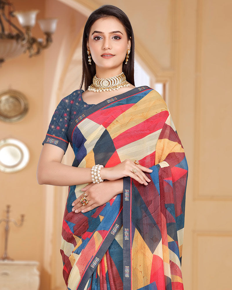 Vishal Prints Multicolor Patterned Chiffon Digital Print Saree With Fancy Border