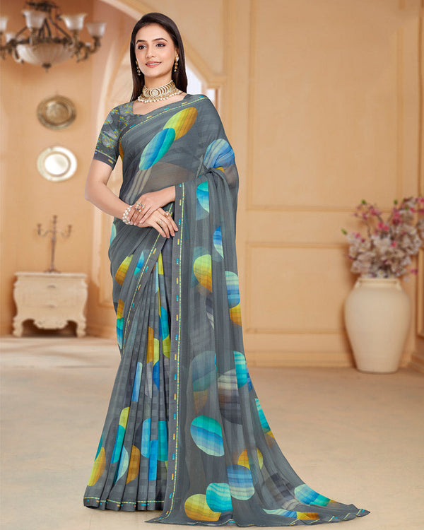 Vishal Prints Davy Grey Patterned Chiffon Digital Print Saree With Fancy Border