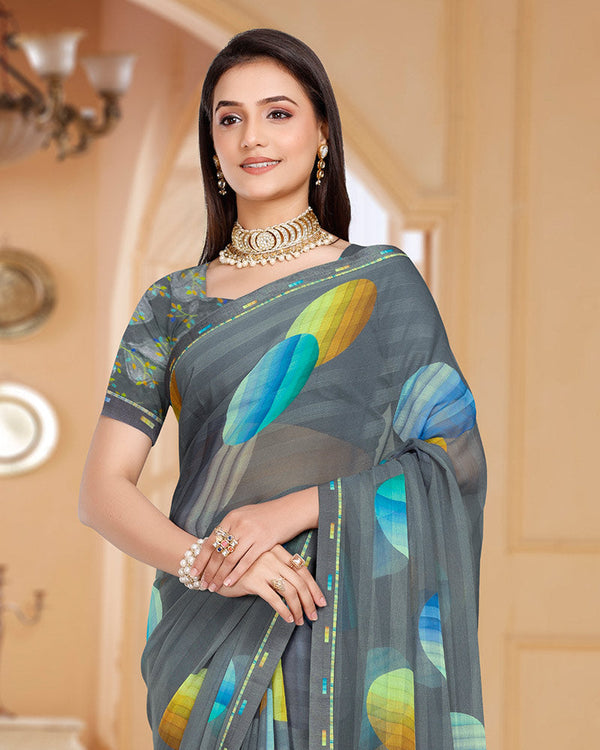 Vishal Prints Davy Grey Patterned Chiffon Digital Print Saree With Fancy Border