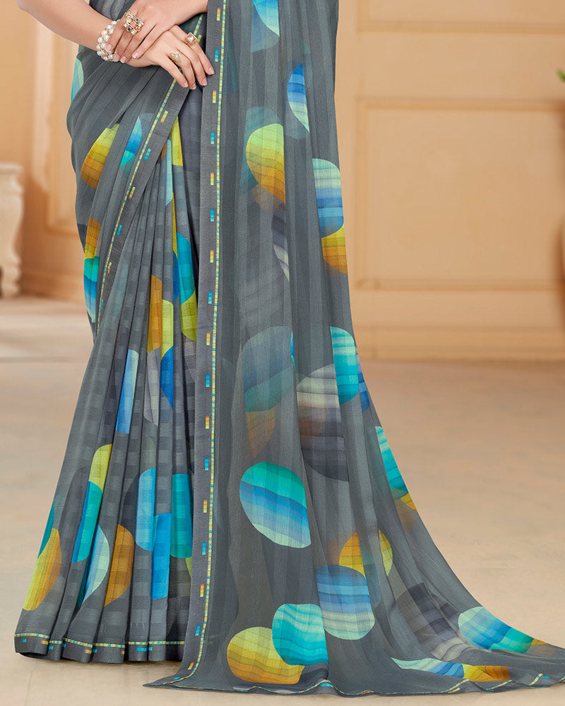 Vishal Prints Davy Grey Patterned Chiffon Digital Print Saree With Fancy Border