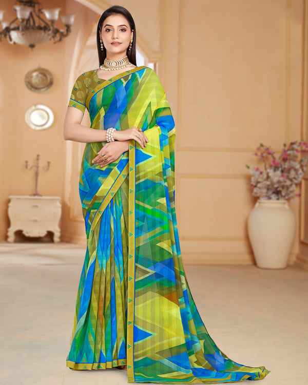 Vishal Prints Multi Green Patterned Chiffon Digital Print Saree With Fancy Border