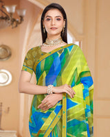 Vishal Prints Multi Green Patterned Chiffon Digital Print Saree With Fancy Border
