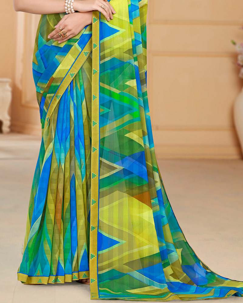 Vishal Prints Multi Green Patterned Chiffon Digital Print Saree With Fancy Border