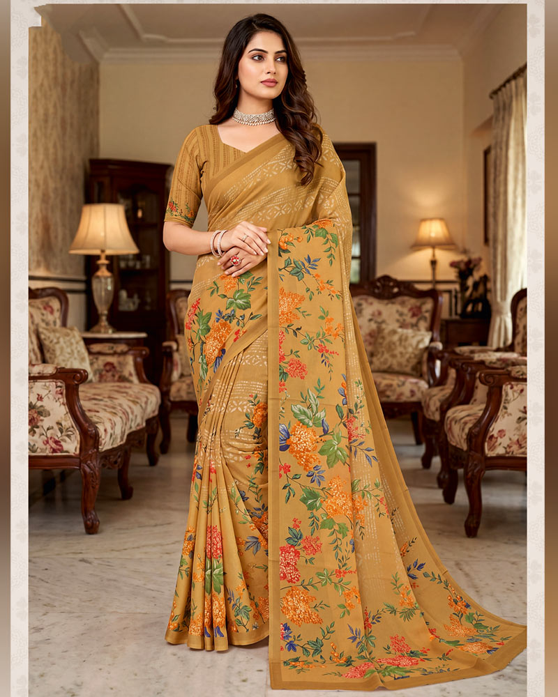 Vishal Prints Brown Mustard Digital Print Criva Crepe Saree