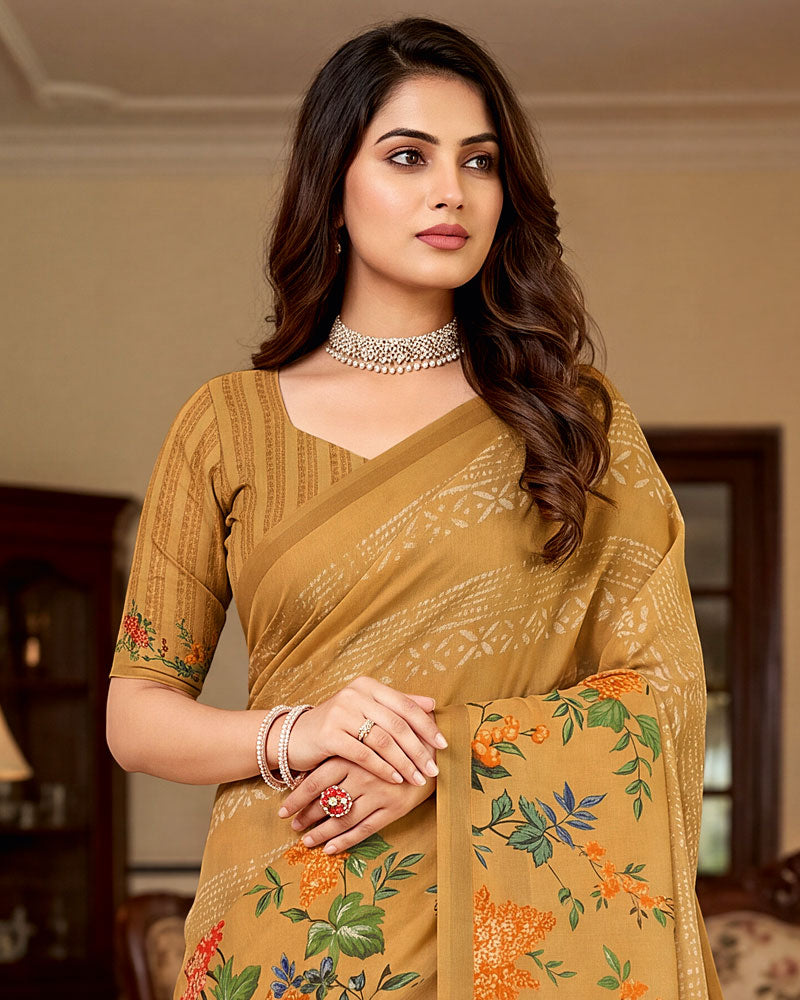 Vishal Prints Brown Mustard Digital Print Criva Crepe Saree