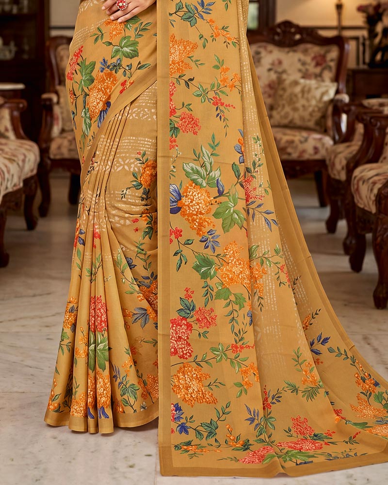 Vishal Prints Brown Mustard Digital Print Criva Crepe Saree