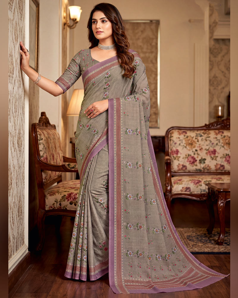 Vishal Prints Greyish Brown Digital Print Criva Crepe Saree