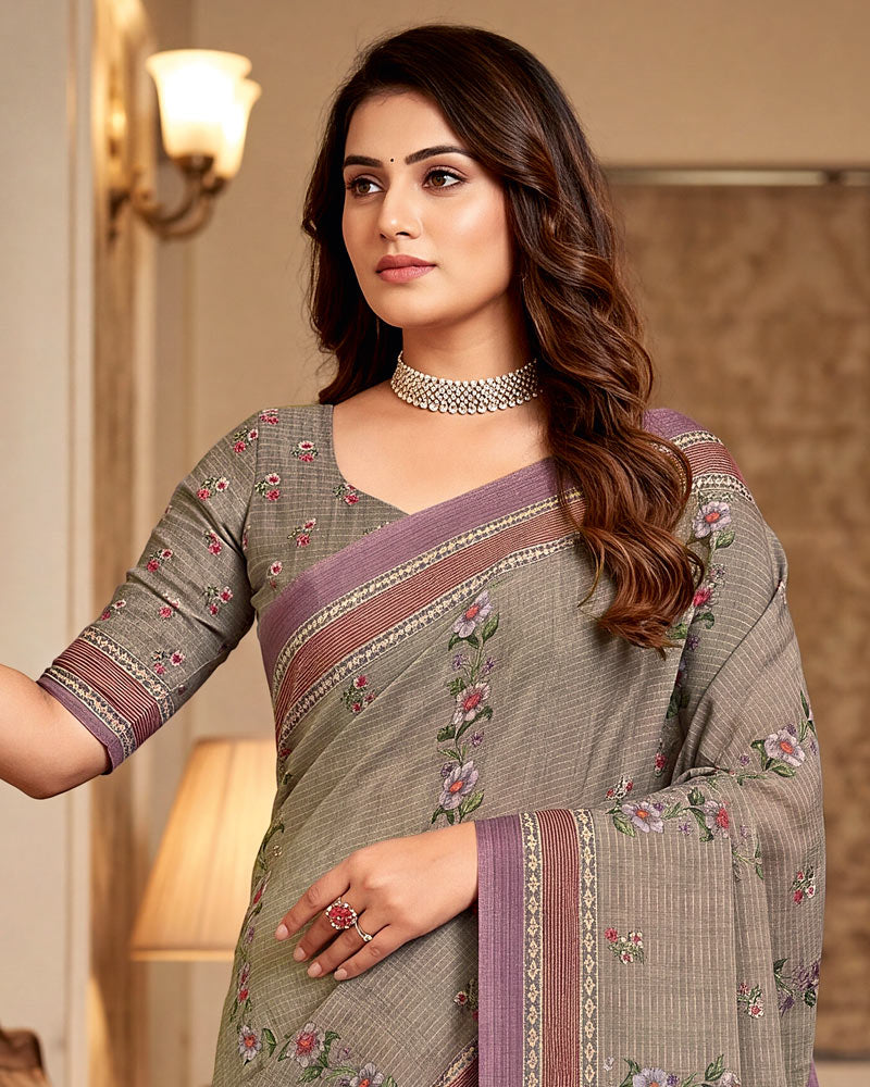 Vishal Prints Greyish Brown Digital Print Criva Crepe Saree