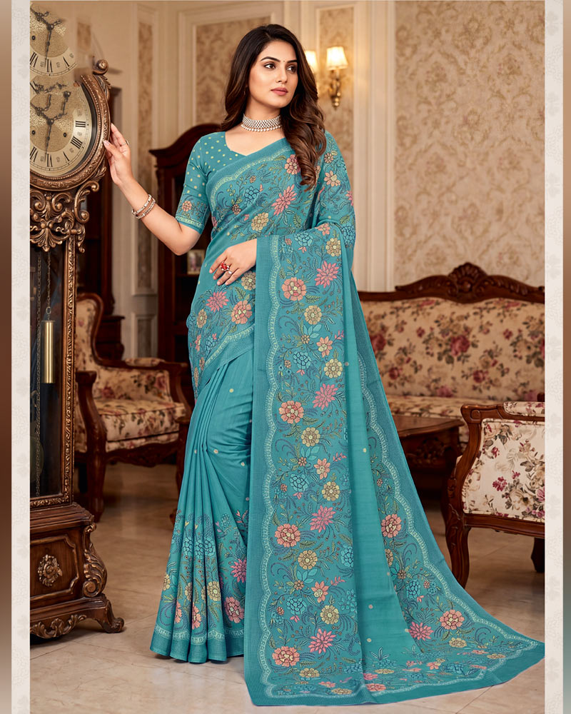 Vishal Prints Dusty Teal Blue Digital Print Criva Crepe Saree