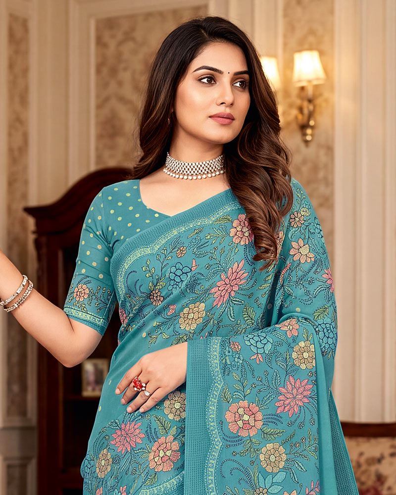 Vishal Prints Dusty Teal Blue Digital Print Criva Crepe Saree