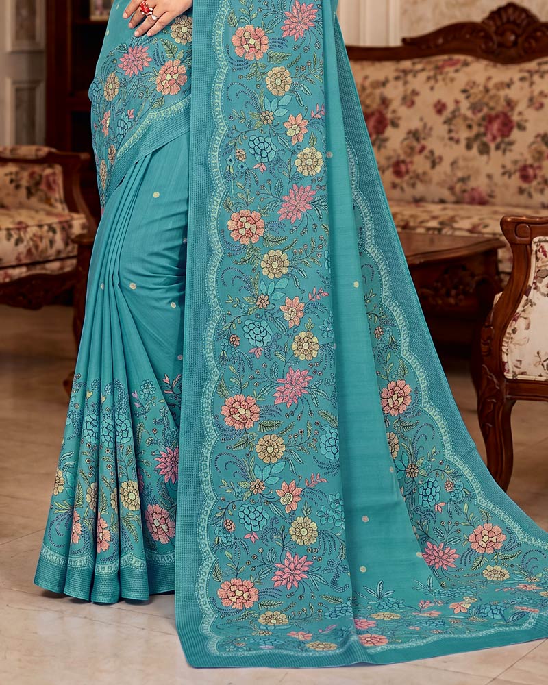 Vishal Prints Dusty Teal Blue Digital Print Criva Crepe Saree