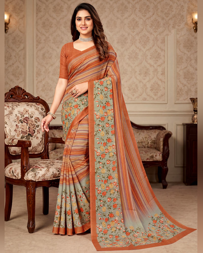 Vishal Prints Grey Olive And Rusty Orange Digital Print Criva Crepe Saree