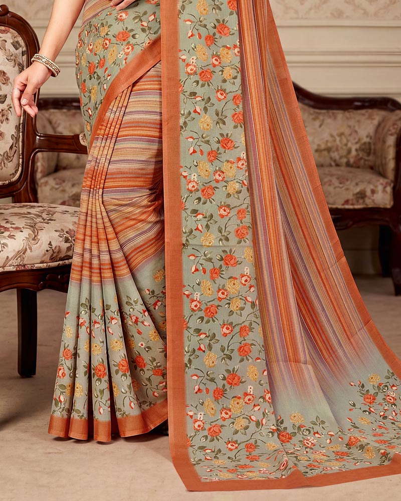 Vishal Prints Grey Olive And Rusty Orange Digital Print Criva Crepe Saree