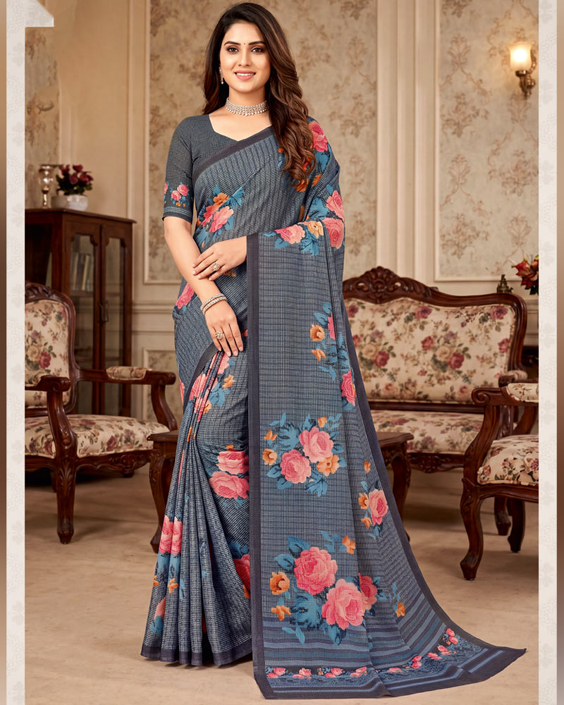 Vishal Prints Dark Slate Grey Digital Print Criva Crepe Saree
