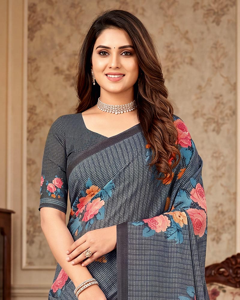 Vishal Prints Dark Slate Grey Digital Print Criva Crepe Saree