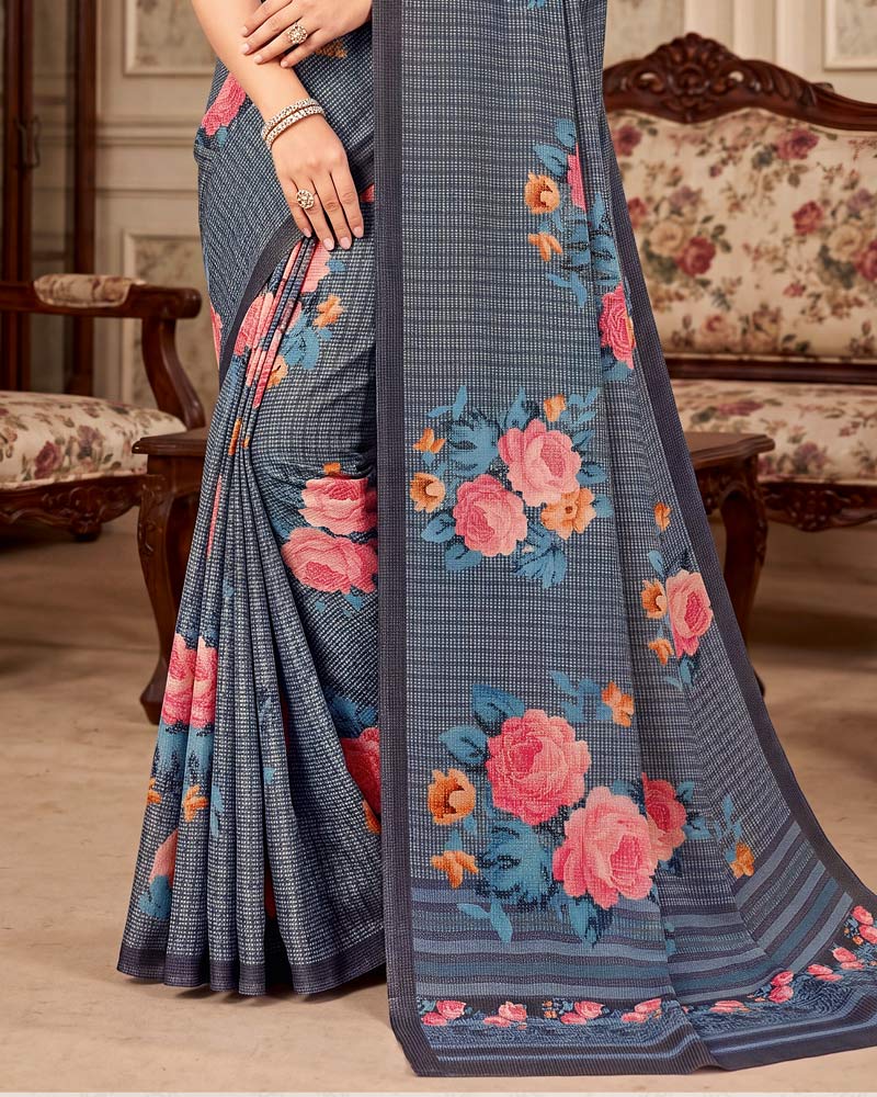 Vishal Prints Dark Slate Grey Digital Print Criva Crepe Saree